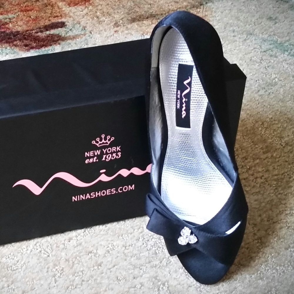 NINA "Conseja" Open-Toe Black Laster Satin Pumps